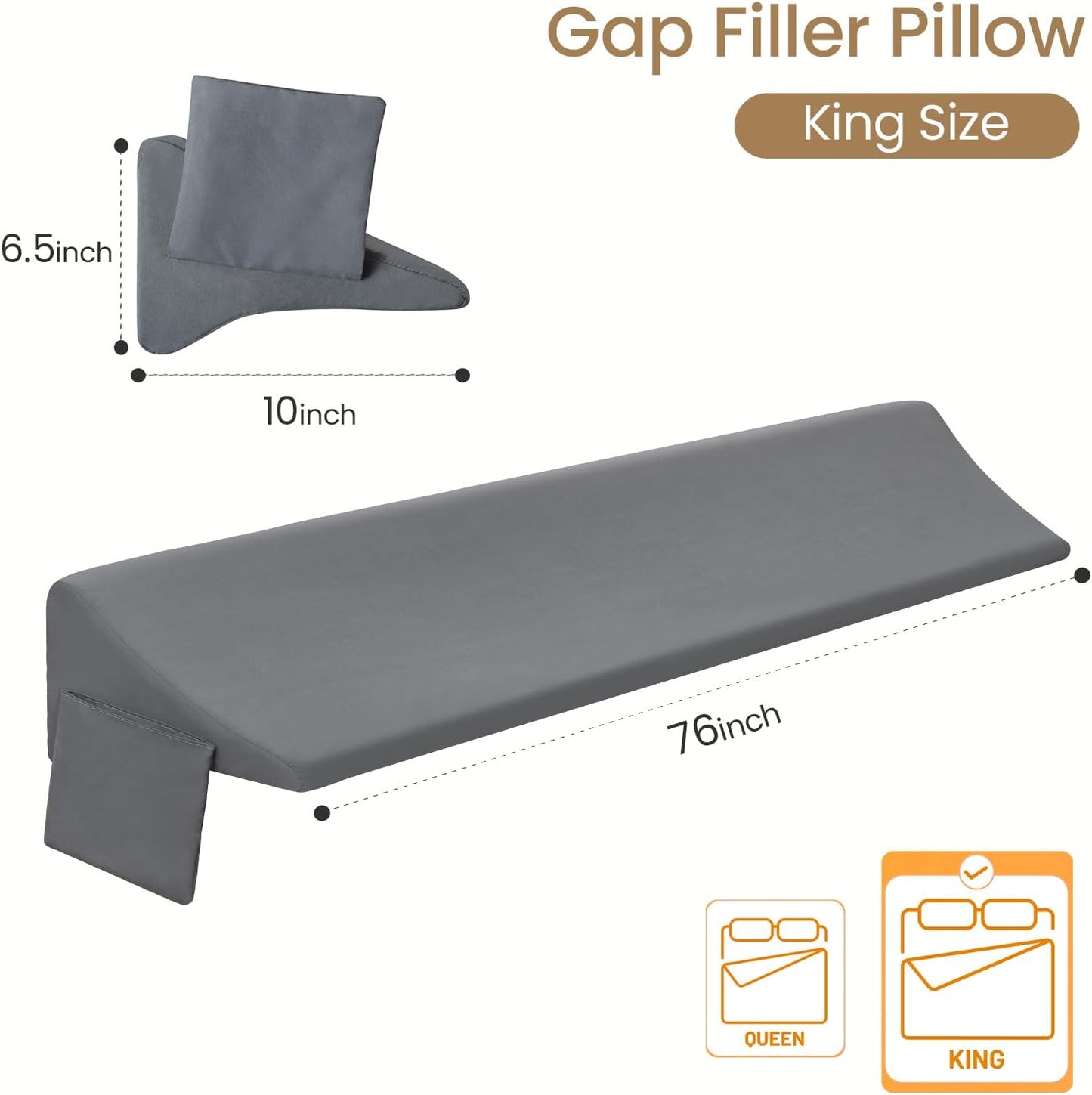 Vekkia King Bed Wedge Pillow for Headboard Gap Filler (0–5.5"), Prevents Pillows & Items from Falling, High-Density Foam Mattress Gap Filler with Pockets, Removable Cover, Gray, 76"x10"x6.5"