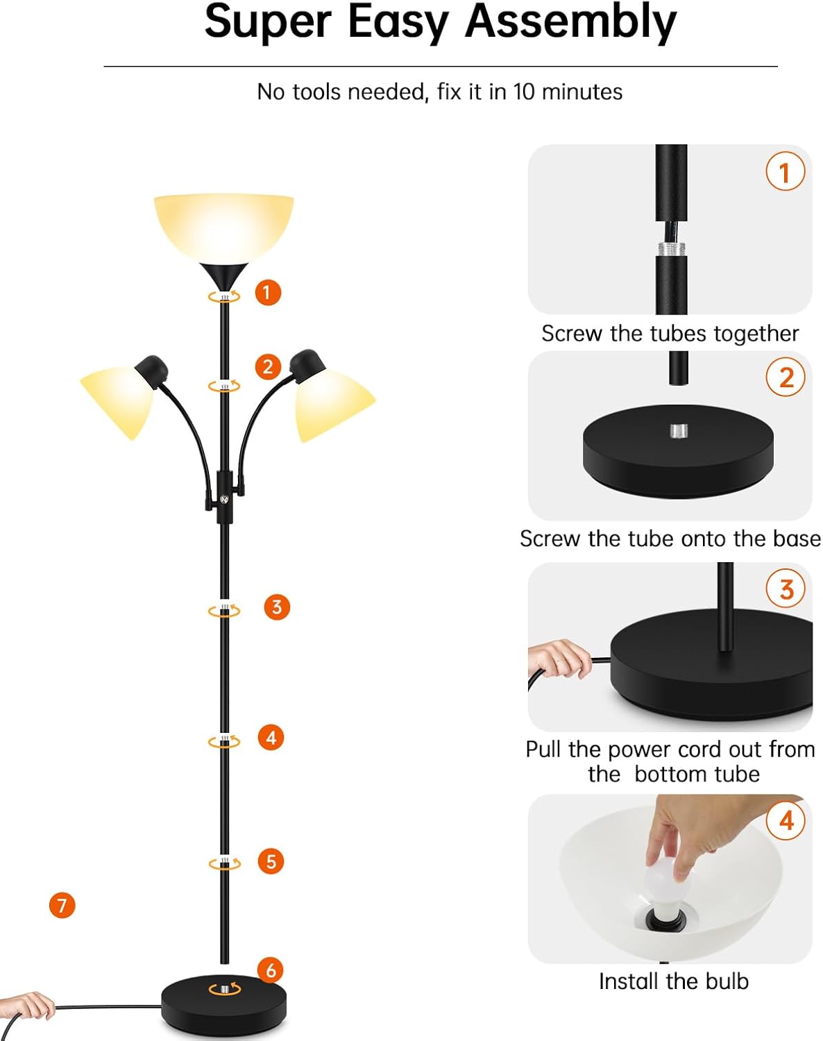 Floor Lamp, Torchiere Floor Lamps for Living Room, 71 Inch Tall Standing Lamp, Bedroom Lamps with Reading Light, Rotary Switch, 3 Plastic Lampshade, Torch Floor lamps for Bedroom (Black, No Bulb)