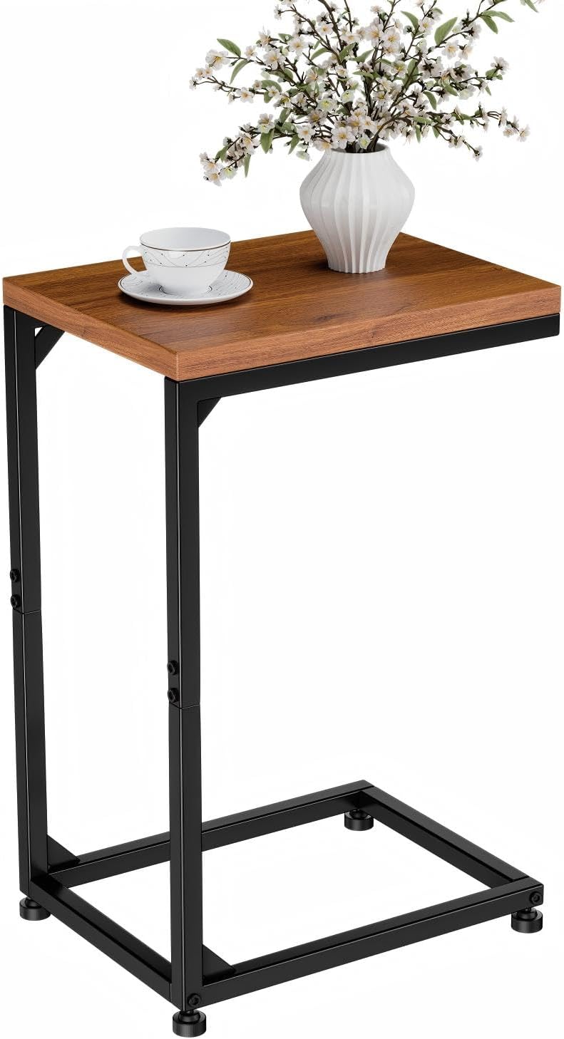 C Shaped End Table, Narrow Side Table for Couch, Small Sofa Table with Metal Frame, TV Tray Table for Living Room Bedroom Small Spaces, Brown