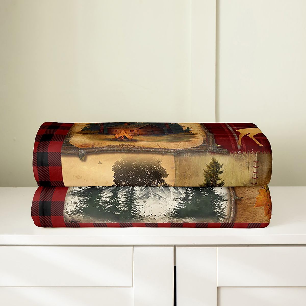 Bear Cabin Plaid Throw Blanket - Queen Size Rustic Farmhouse Fleece, Retro Hunting Deer, Country Woodland Pine Tree Flannel, Maple Leaf Lodge Decor Sherpa, Red Black Brown