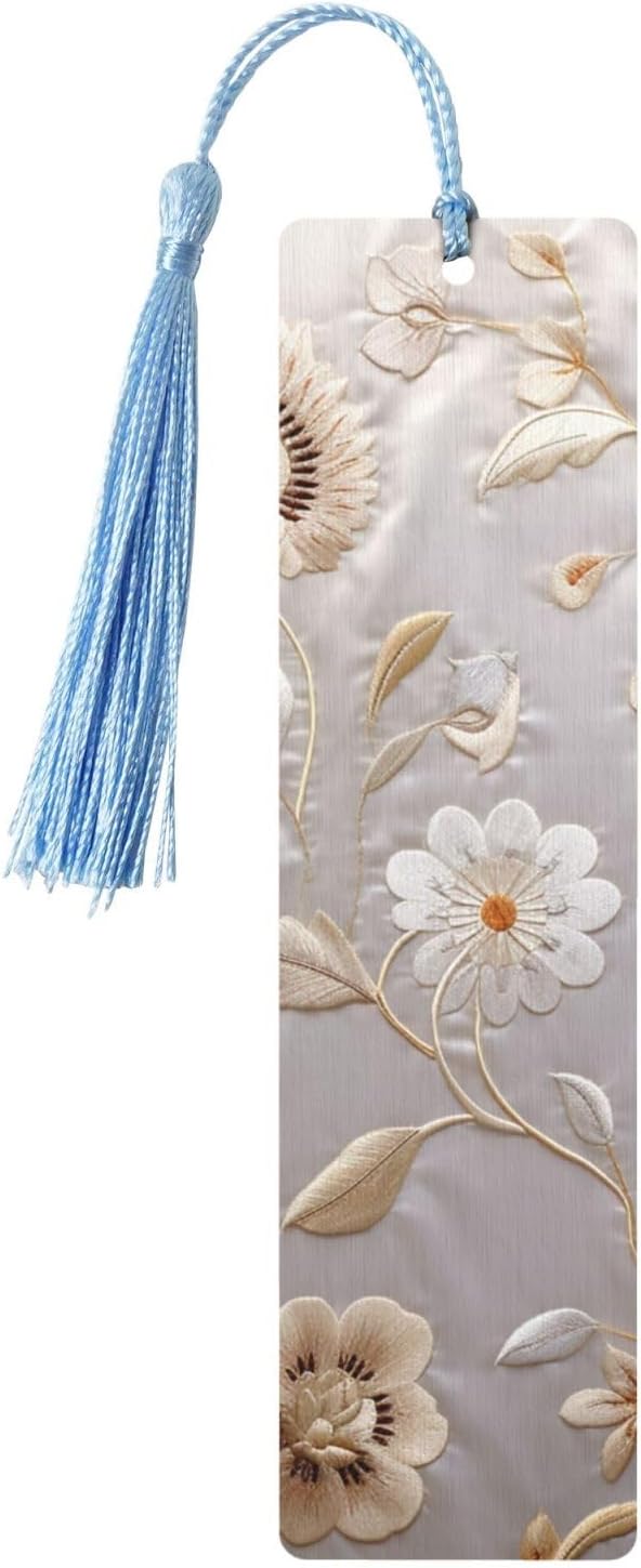 Floral Embroidery Bookmarks Gifts for Women Men, Wooden Bookmarks for Book Lovers, Vintage Book Marks Ornaments with Tassel, Unique Personalized Reading Page Markers Sky Blue