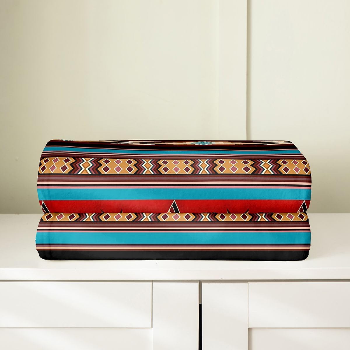 Erosebridal Aztec Throw Blanket, Ethnic Tribal Arrow Flannel Fleece, Southwestern Native Bohemian Sherpa, Western Star Soft Cozy Bed Couch Blanket, Red, Blue, Dark Brown, 50 x 60 inches