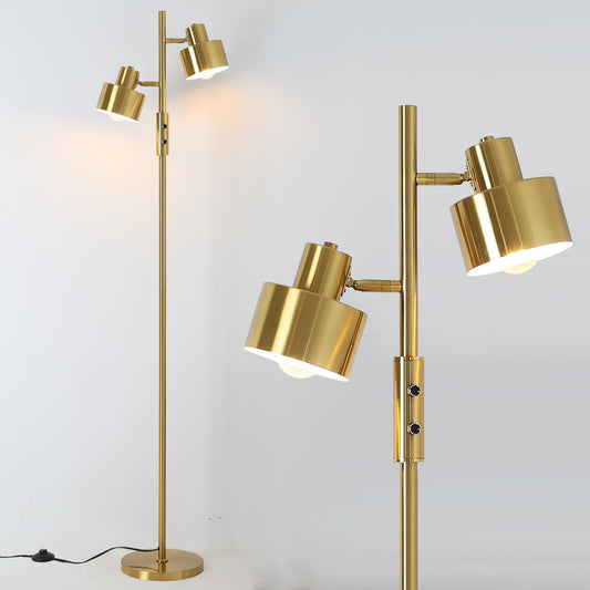 Dimming Floor Lamp with 2 Adjustable Head,Tall Modern Industrial Vintage Standing Lamps for Living Room, Bedroom, Office,Study,Gold Corner Light for Reading