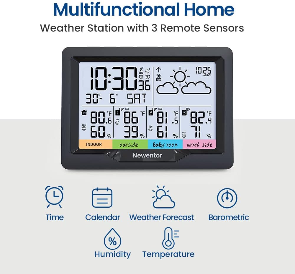 Newentor Weather Station Wireless Indoor Outdoor Multiple Sensors, Digital Atomic Clock Weather Thermometer, Temperature and Humidity Monitor, Forecast Weather Station with Backlight, Black