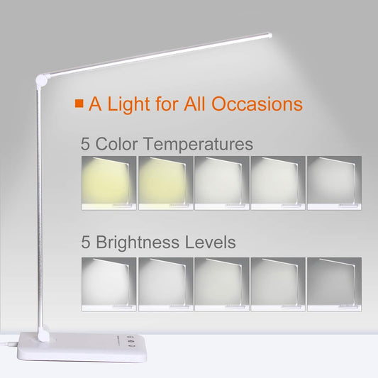LED Desk Lamp,Eye-Caring Table Lamps,Stepless Dimmable Office Lamp with USB Charging Port,Touch/Memory/Timer Function,25 Brightness Lighting,Foldable Lamp for Reading,Studying,Working