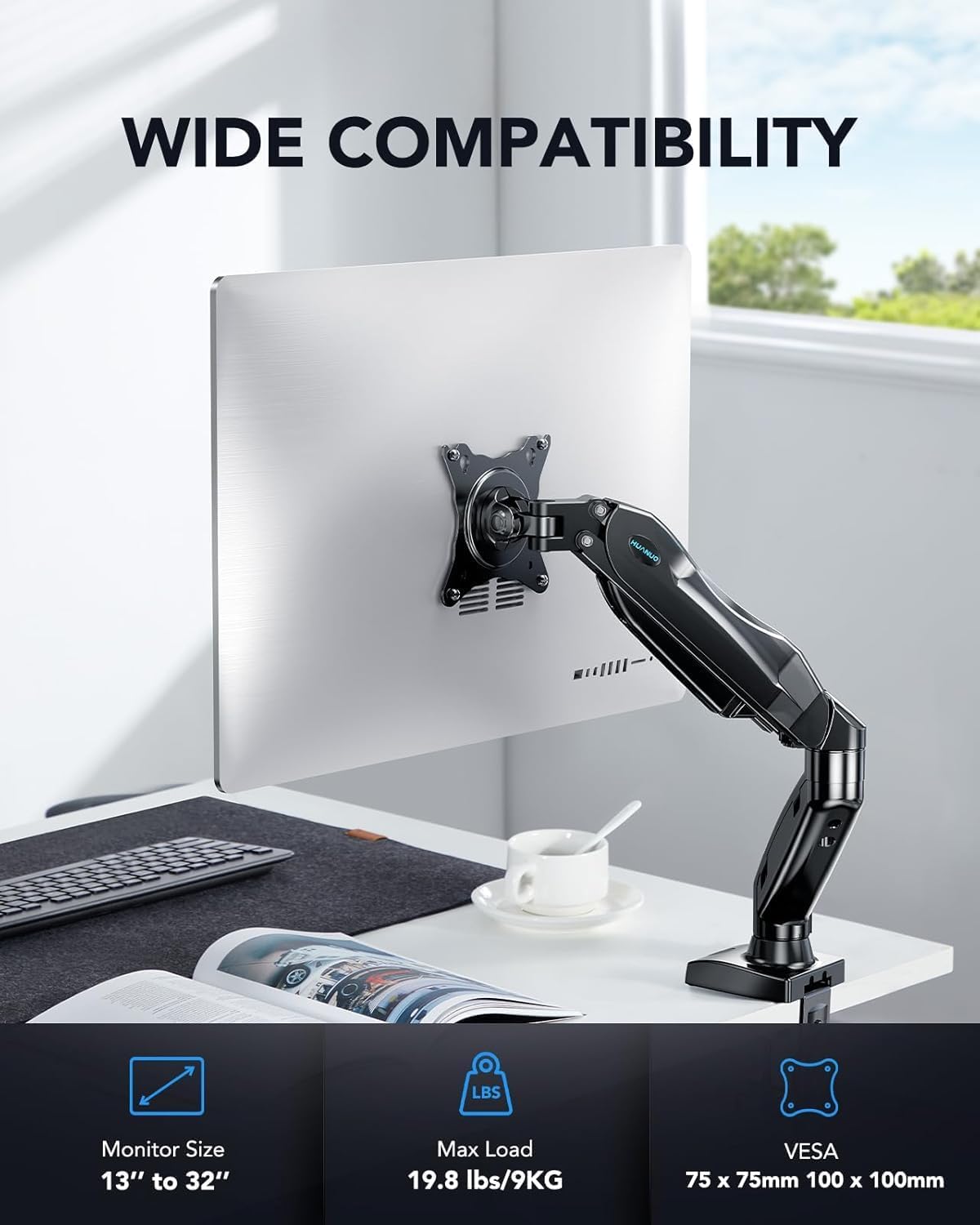 HUANUO FlowLift™ Single Monitor Mount, 13 to 32 Inch Monitor Arm, Adjustable Monitor Stand, Vesa Mount with Clamp and Grommet Base - Fits 4.4 to 19.8lbs LCD Computer Monitors