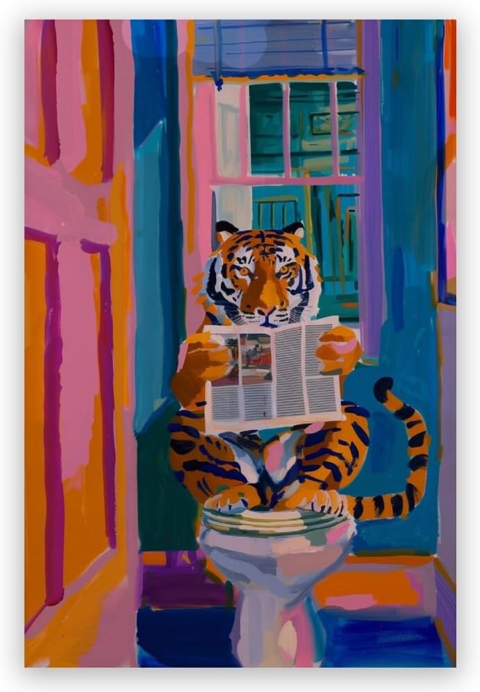 TcnBzydkij Funny Tiger Poster Minimalist Bathroom Wall Art Print Stylish Decor Reading Newspaper Dopamine Pink Kitsch Aesthetic Preppy Canvas 12x18inch Unframed