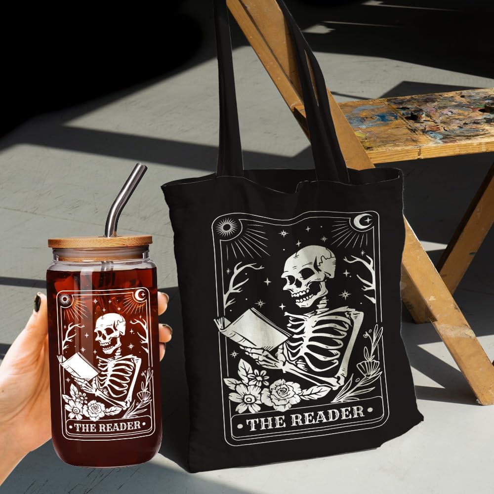 Unique Cool Reading Day Gifts 7 Pcs Set for Book Lovers, Readers, Librarian, Students, Teacher - 16oz Glass Cup With Lids, Tote Bag, Socks, Bookmark, Flipper, Funny Ornament - Book Themed Gift