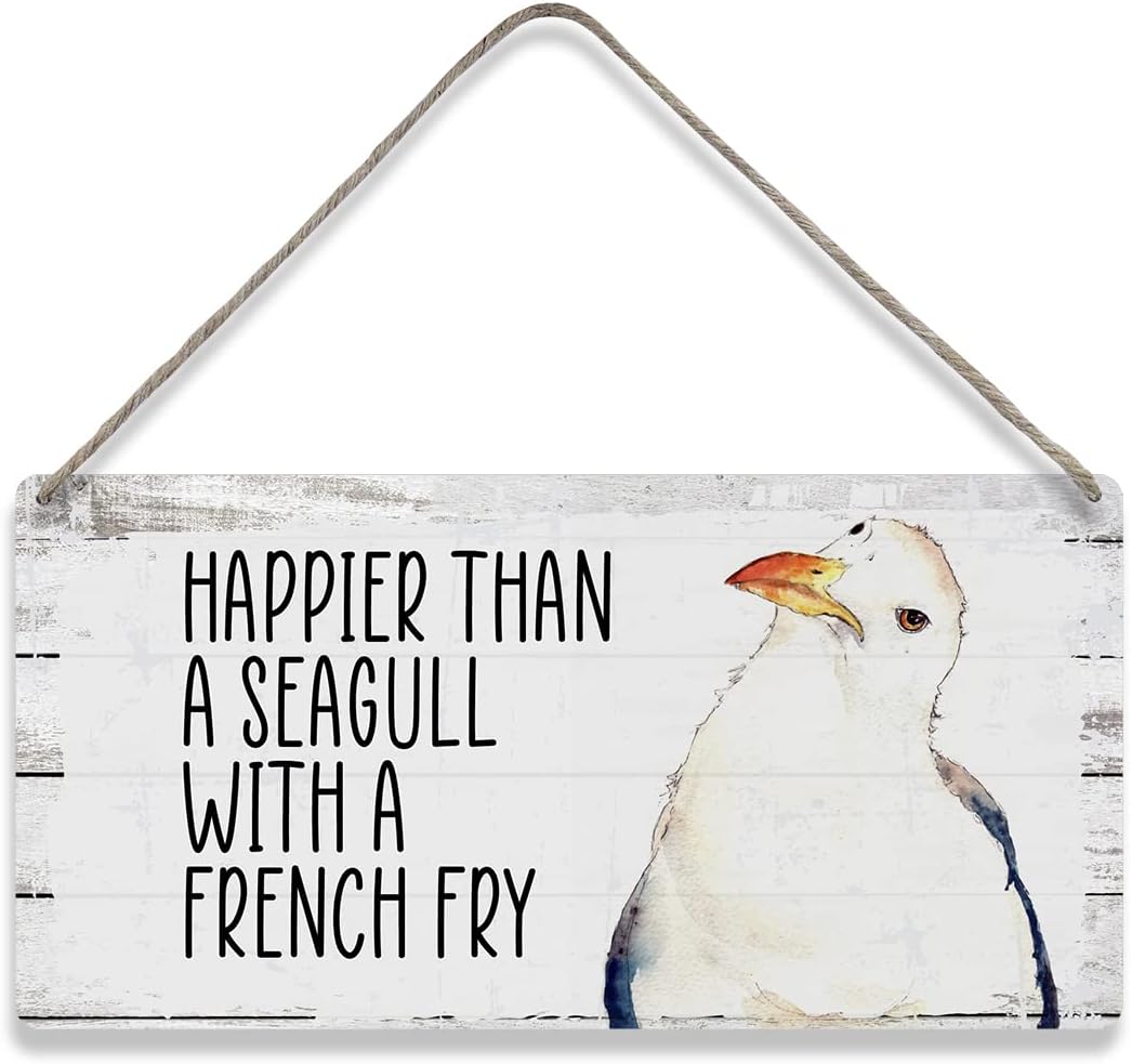 MIGUMUTU Happier Than a Seagull with a French Fry Sayings Home Wall Decor Wooden Signs Rustic Farmhouse Hanging Wall Plaque Sign Beach Gift