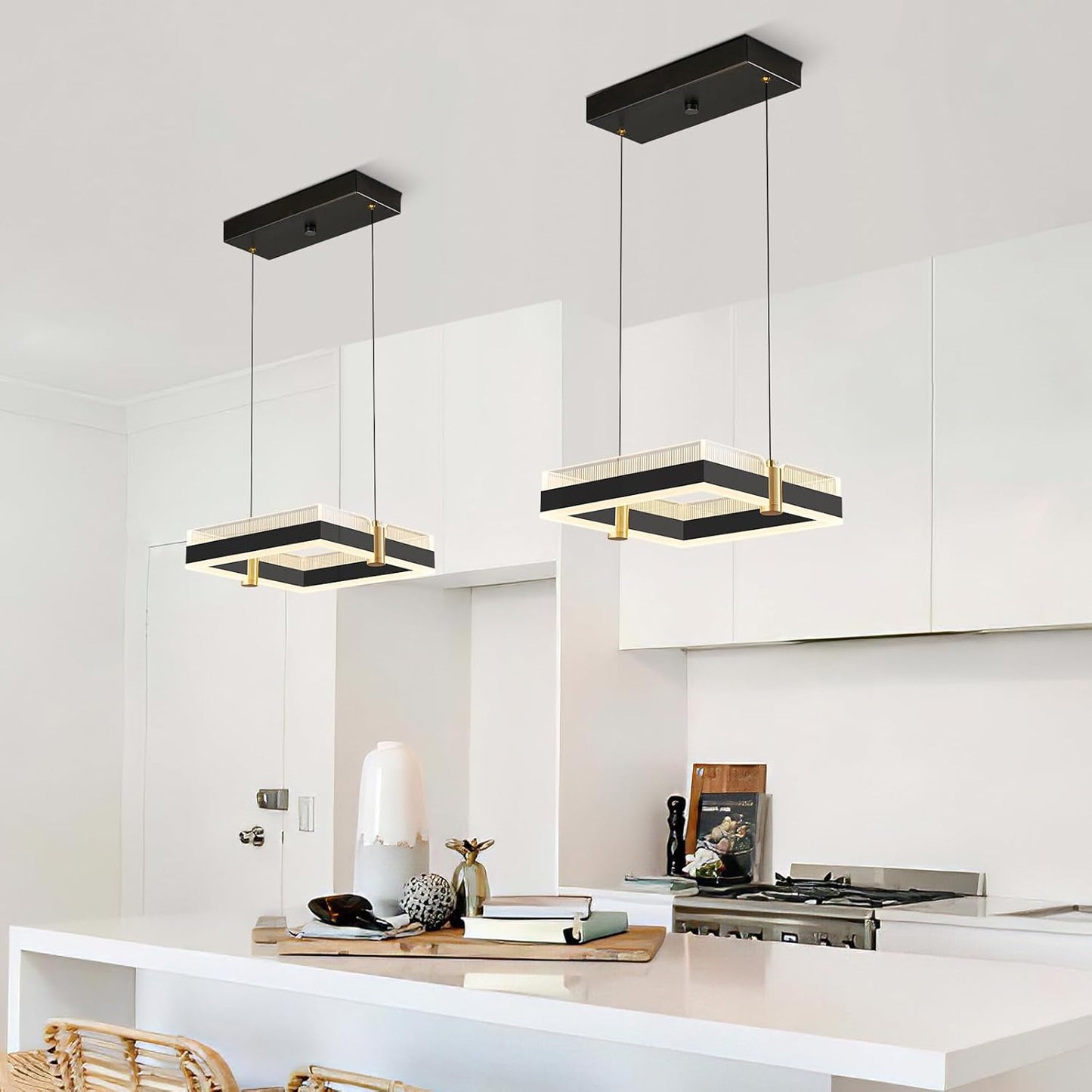 Modern LED Chandelier with Remote Control 1 Ring Dimmable 3 Color Black Gold Adjustable Pendant Light Square Chandelier Dining Light Fixture for Kitchen Bedroom Ceiling Hanging（1-Pack）