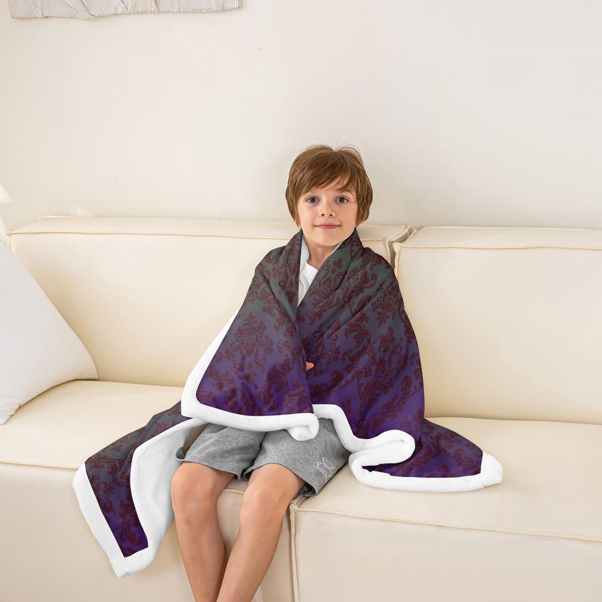 Feelyou Gothic Sherpa Throw Blanket for Couch Paisley Floral Victorian Super Soft Cozy Fleece Purple Grey Blanket for Winter, Plush Throw Baby 30"x40" All Season