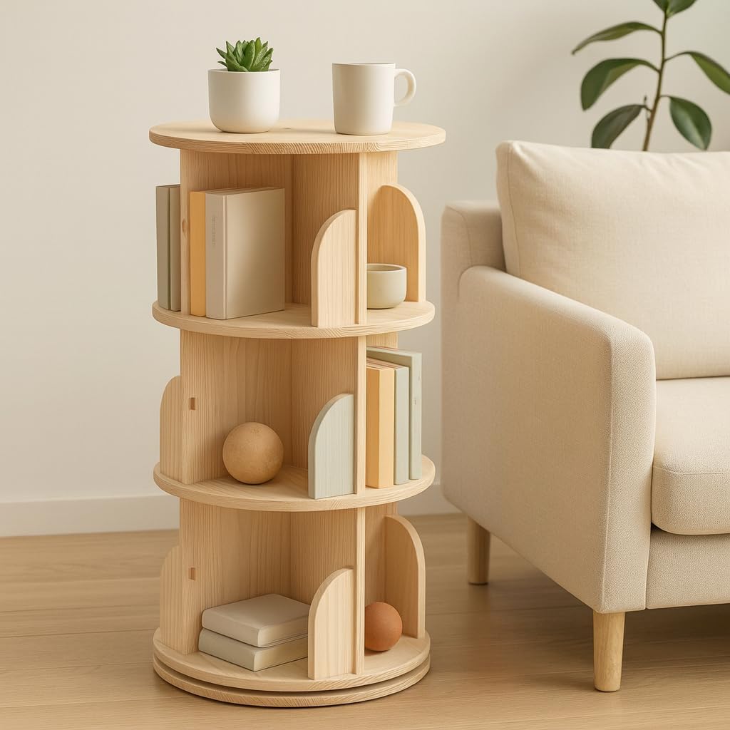 Solid Wood Rotating Bookshelf, 3-Tier 360° Spinning Bookcase Tower, Stackable Adjustable Book Shelf Organizer for Small Spaces, Corner Standing Storage for Home Office, Living Room & Kids Room