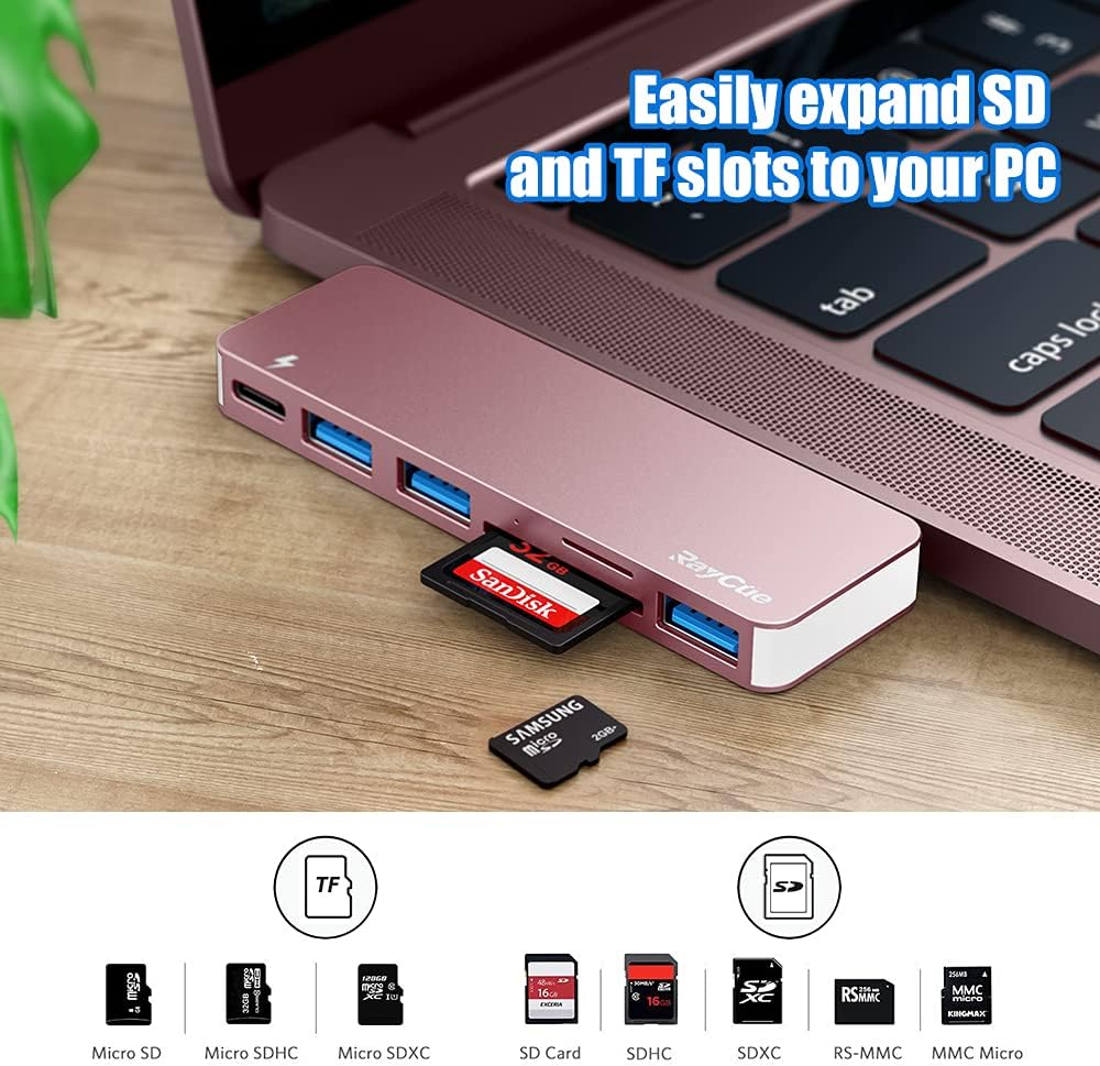 USB C Hub Adapter for MacBook Pro/Air 2020 2019 2018, 6 in 1 USB-C Accessories Compatible with MacBook Pro 13″ and 15″ with 3 USB 3.0 Ports, TF/SD Card Reader, Power Delivery (Pink)