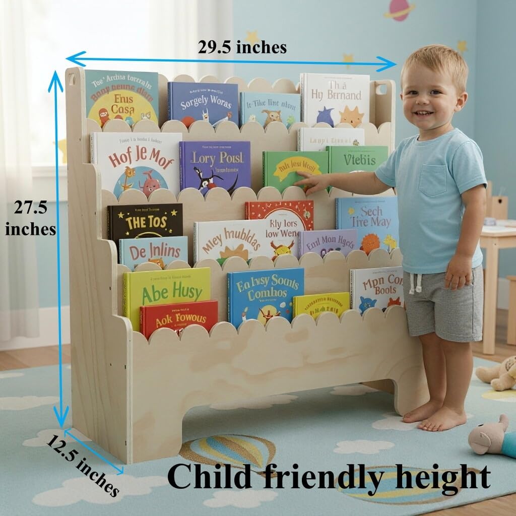 Kids Bookshelf 4-Tier, Natural Wood Children's Bookshelf, Scalloped Toddler Book Shelf, Baby Nursery Book Shelf, Display Front Facing Montessori Bookcase for Kids Room Playroom Nursery