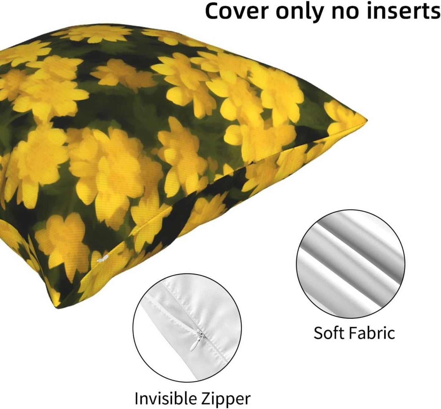 All-Season Square Pillow Covers 18"X18", Yellow Flowers, Decorative Throw Pillow Covers for Sofa Bed Couch, Hidden Zipper Cushion Cover, Square Lumbar & Accent Pillowcases for Home Decor