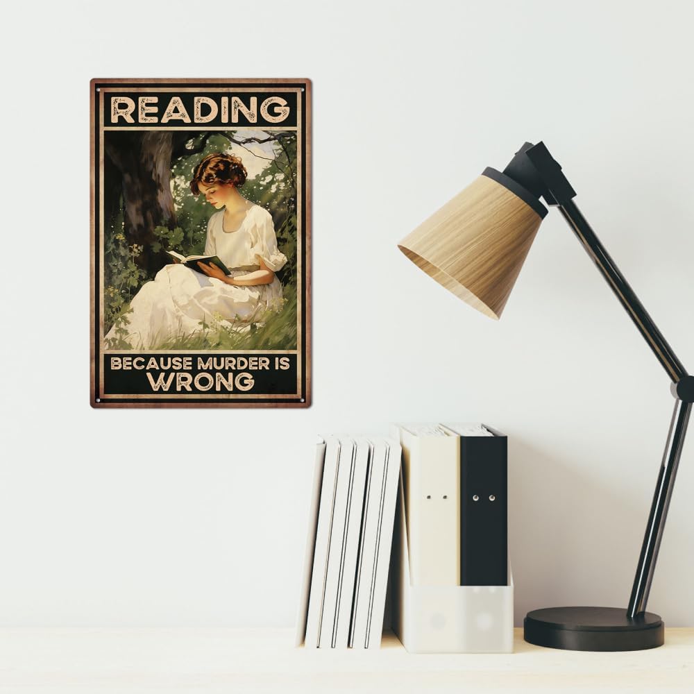 Reading Books Funny Quotes Vintage Metal Sign, Reading Because Murder Is Wrong, Wall Art Decor for Home Reading Room Library Metal Posters Tin Sign Home Wall Art Decor Metal Signs 12" x 8"