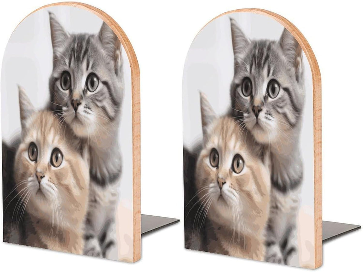 Non-Slip Bookend for Shelves Cats Wooden Bookends with Metal Base Decorative Book Stopper for Home Heavy Duty Wood Book Storage for Books/CDs
