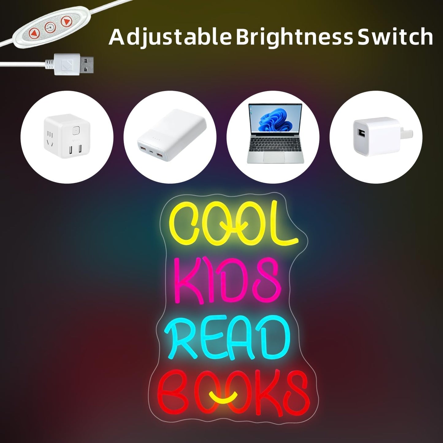 Cool Kids Read Books Neon Sign 14.8"×10.6" for Reading Room Hanging Decorations Library Classroom Read Corner Bedroom Decor with USB Powered Dimmable Switches