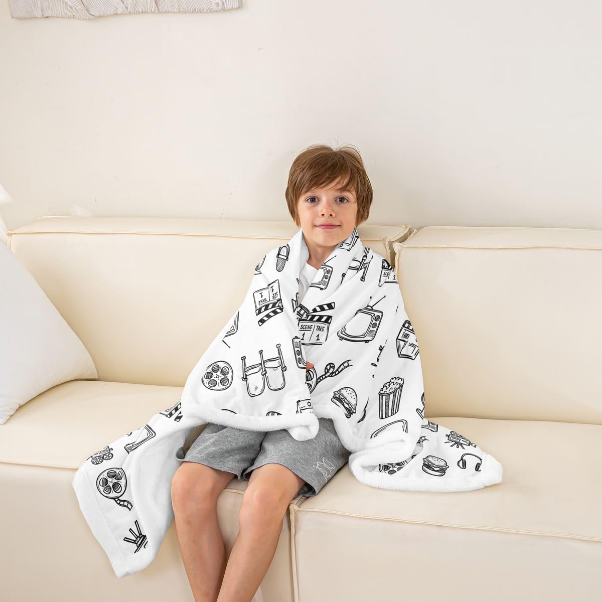 Feelyou Cinema Pattern Throw Blanket White Line Art Movie Soft Fleece Sherpa Cozy Fuzzy Plush Warm Retro Cinema Aesthetic Fuzzy Plush Throw Cute Movie Queen 90"x90" for Bed Couch Living Room
