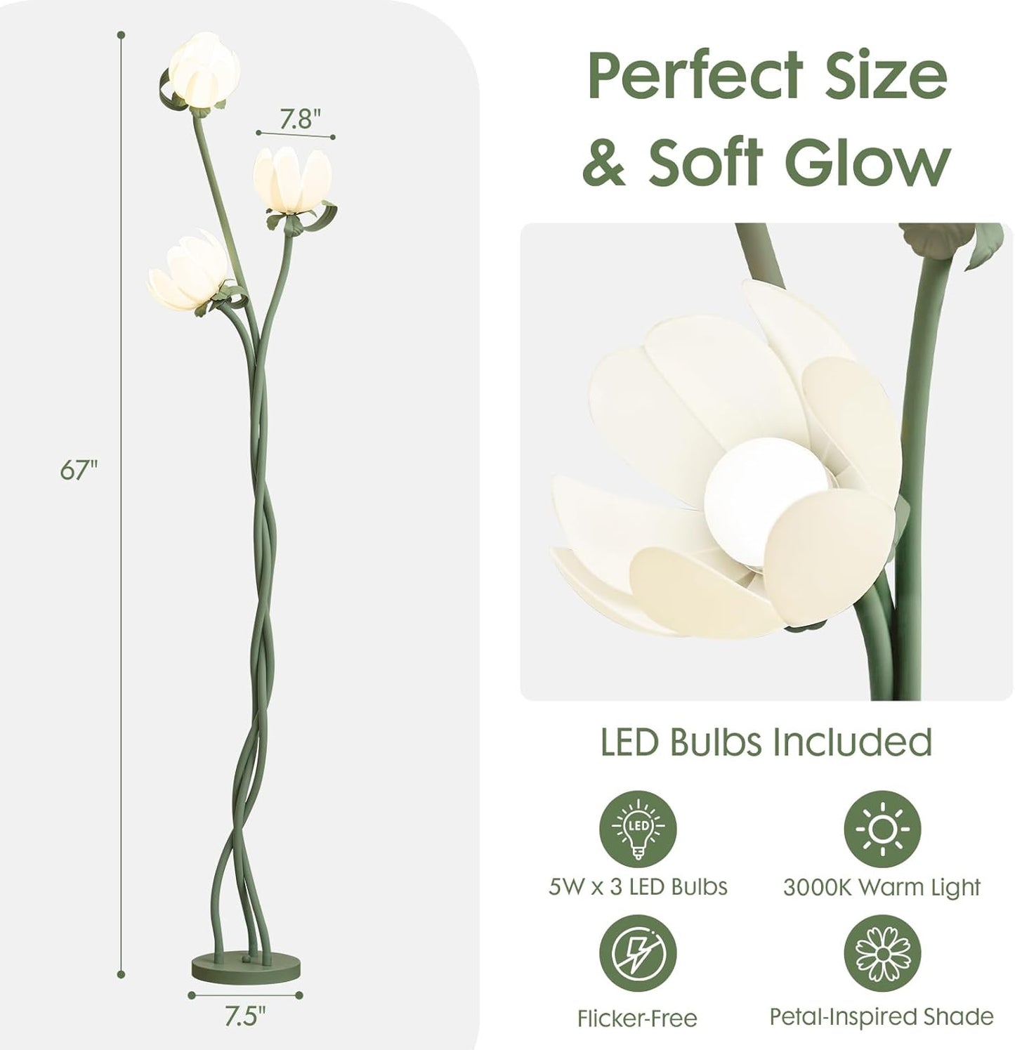 Vintage Floral Floor Lamp with 3 Adjustable LED Heads, Green Standing Lotus Light for Living Room Bedroom, 67" Tall Artistic Metal Lamp with Petal Shades, Foot Switch, LED Bulbs Included