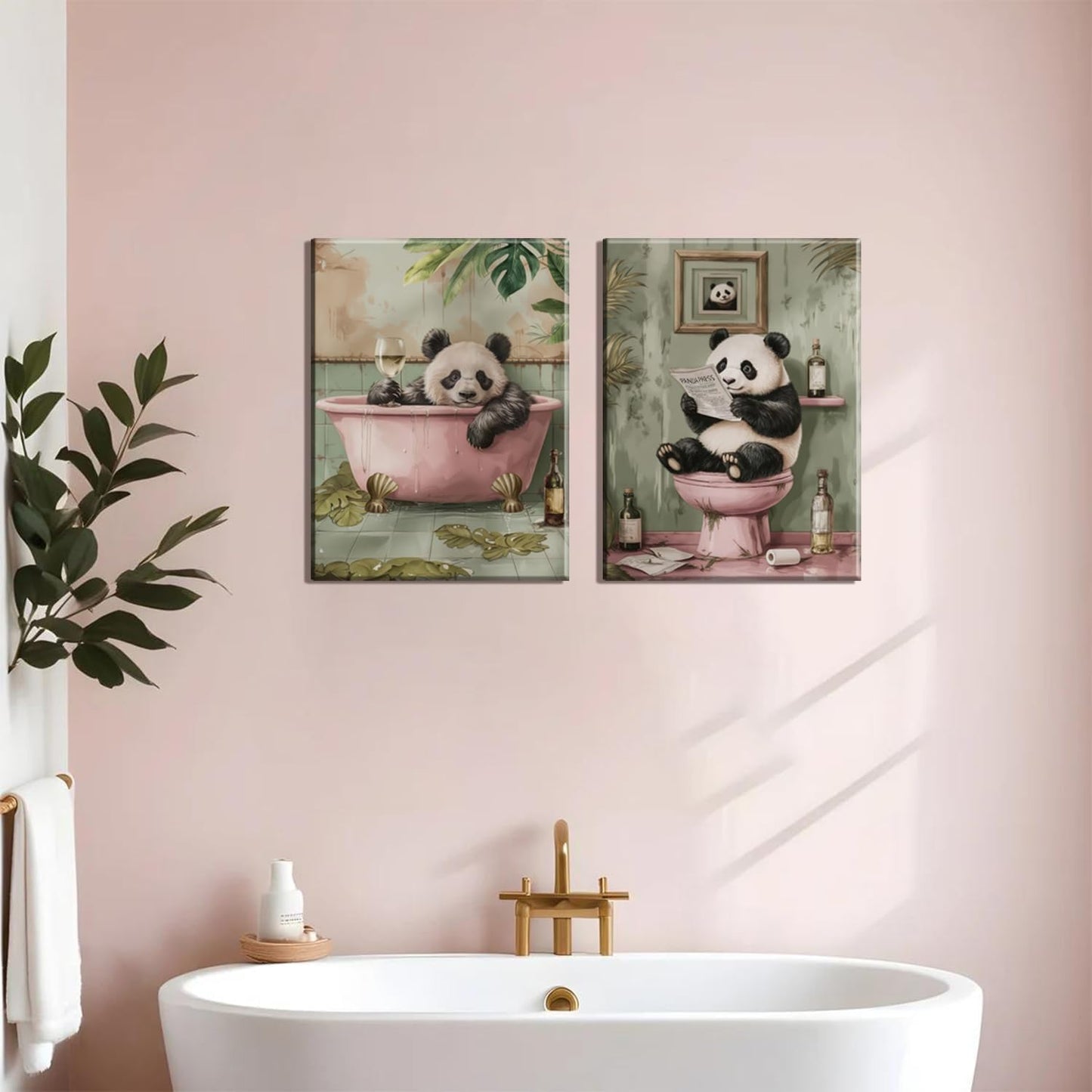 Funny Bathroom Wall Art Set of 2, Panda on Toilet and in Bathtub Wall Decor Paintings, Cute Animal Canvas Prints Pictures Aesthetics Home Decor for Bathroom Restroom 16x24 Inch Framed