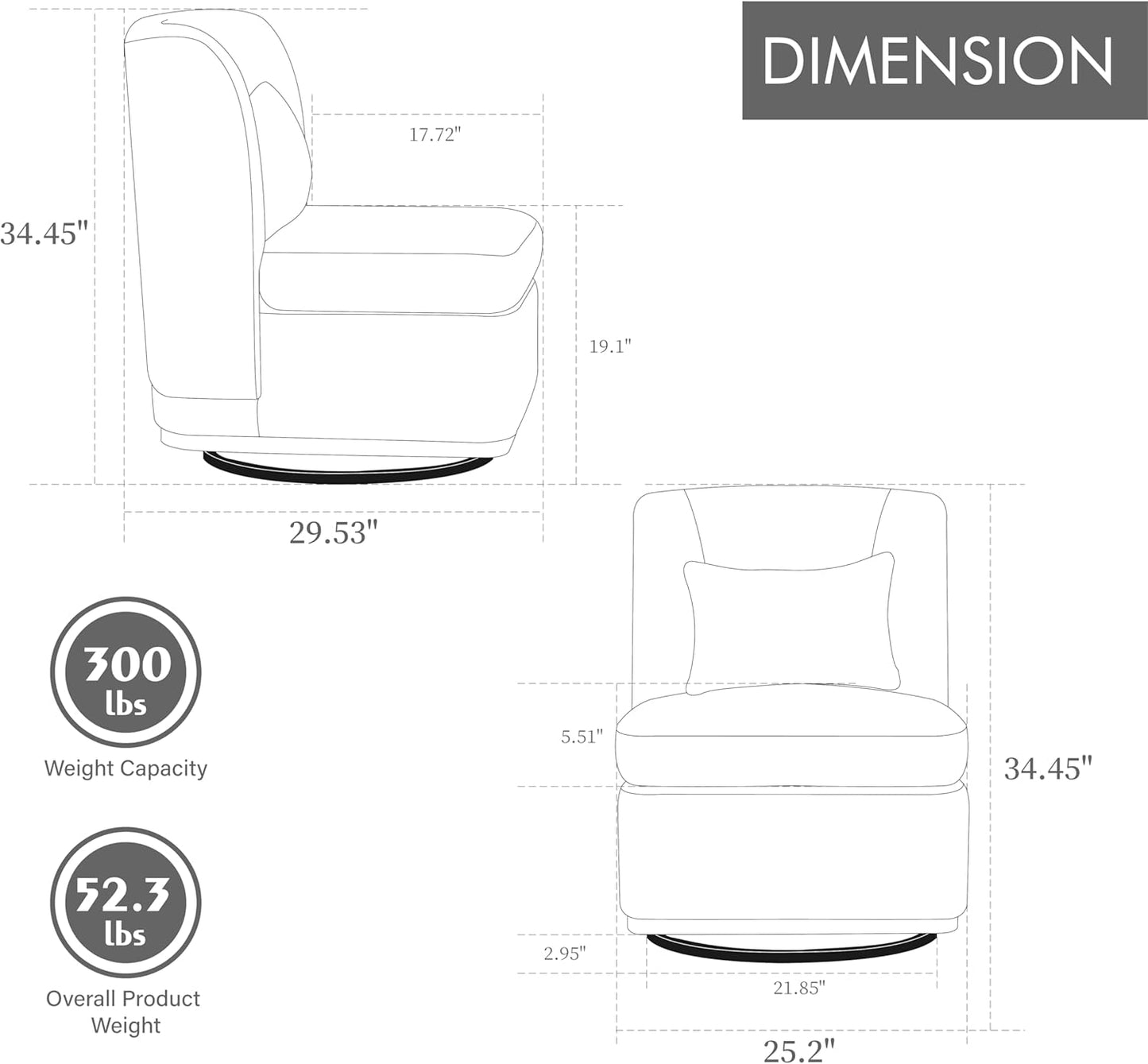 Modern Swivel Accent Chair 25.2 "Wide Chenille Upholstered Armless Sofa Chair with Pillow, 360° Swivel Reading Chair with Metal Base for Living Room Family Room Bedroom Lounge Area, Office, Pale Green