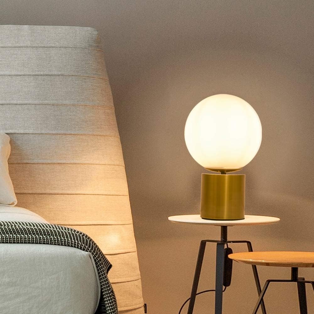 11 Inch Modern Gold Globe Table Lamp,Vintage Mid Century Round Table Lamp with White Glass Shade Metal Base for Bedroom Bedside Lamp Living Room End Table