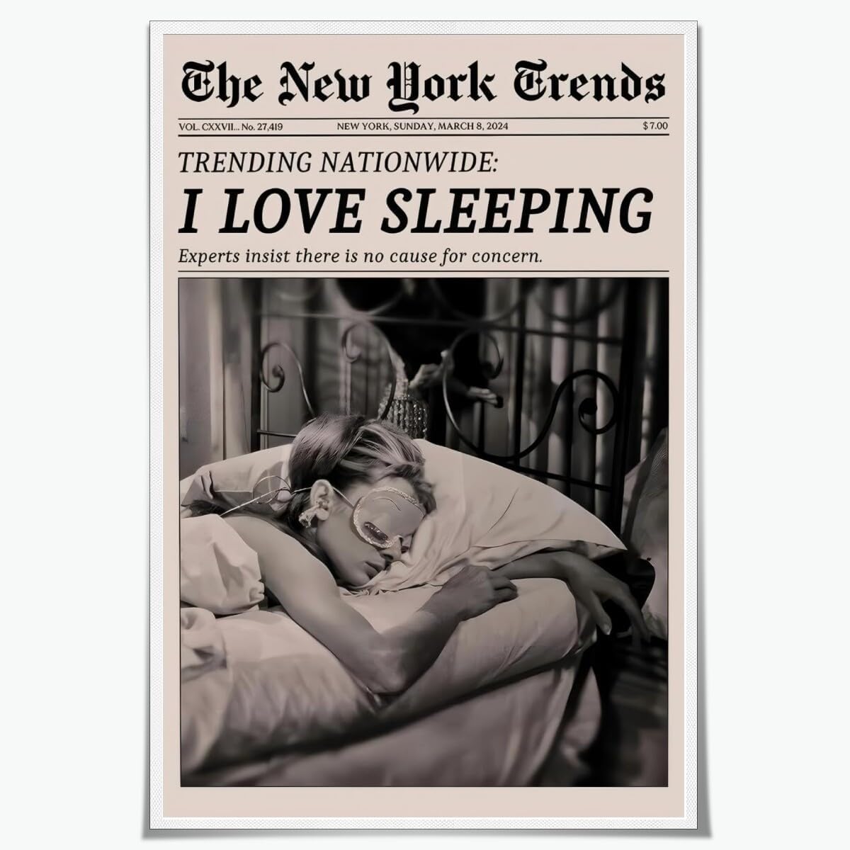 Retro Newspaper Wall Art Vintage Feminist Aesthetic Poster Black and White Canvas Print Funky Girl I Love Sleeping Art for Women Girly Bedroom Dorm Wall Decor 8x12inch Unframed