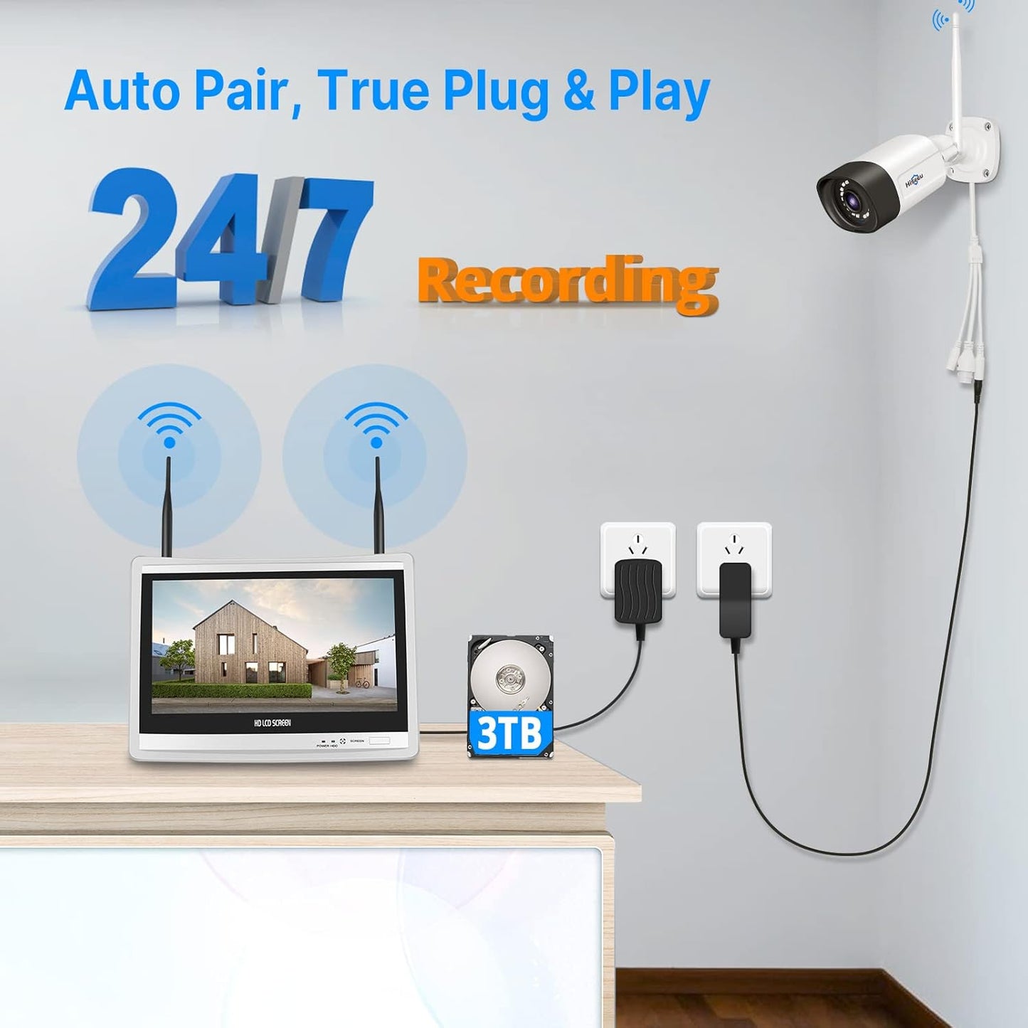 Hiseeu 5MP Wireless Security Camera System with 12" LCD Monitor, 3TB HDD, 10CH 8MP NVR, 2-Way Audio, Color Night Vision, Motion Detection, 24/7 Recording, Expandable Home CCTV Kit, Plug & Play