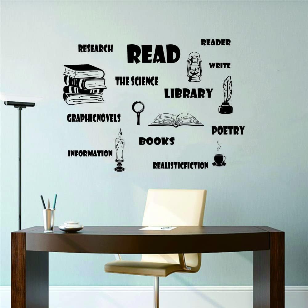 Reading & Learning Quotes Wall Sticker - PVC Removable Wall Art with Candle, Coffee, Pen & Lamp for Study, Classroom & Student Room Decor - 26"x36" Size (black-JWH275-reading)