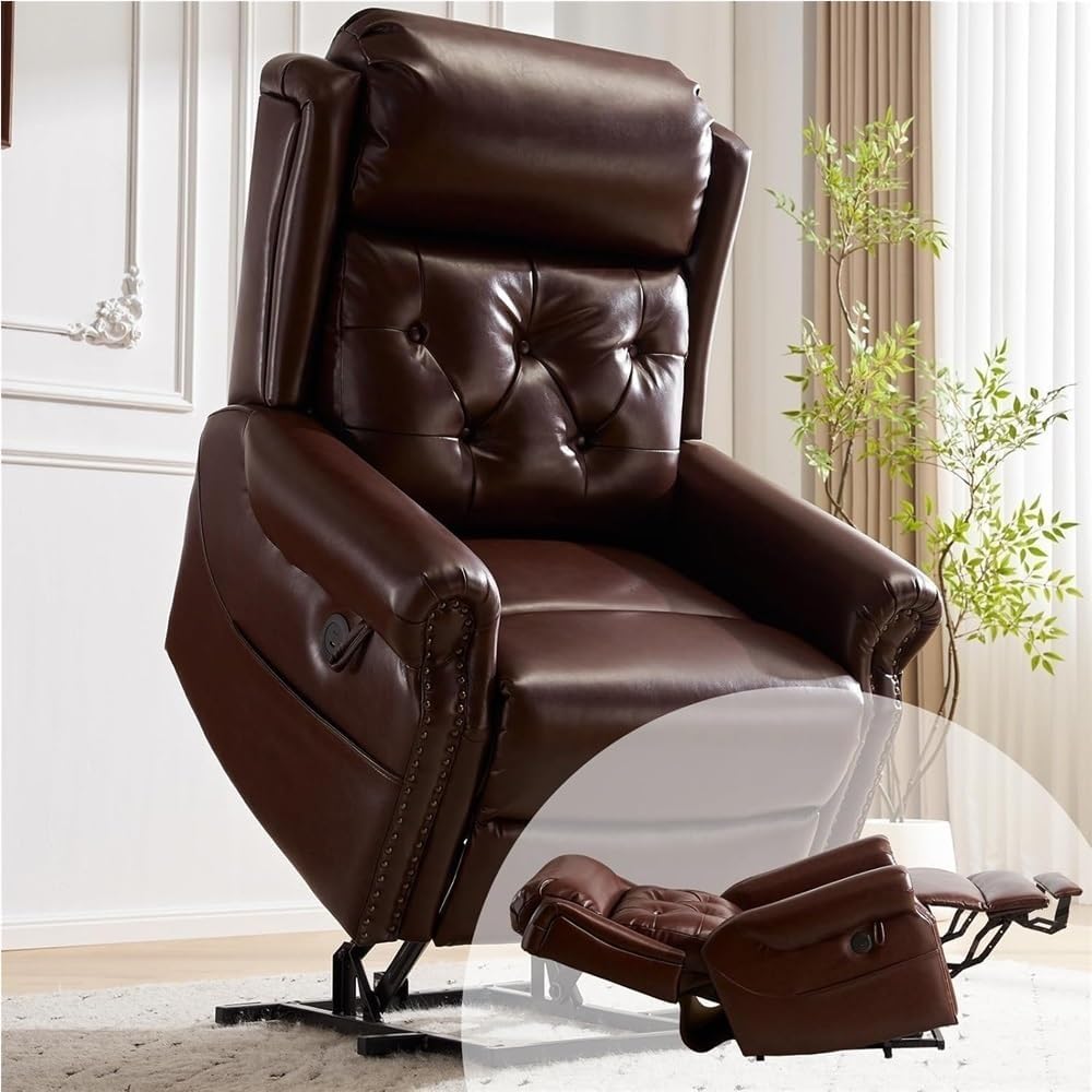 Brown Power Lift Recliner Chair for Elderly with Electric Massage Heat Adjustable Headrest and Lay Flat Reclining Seat Comfortable Upholstered Chair Remote Control Sofa