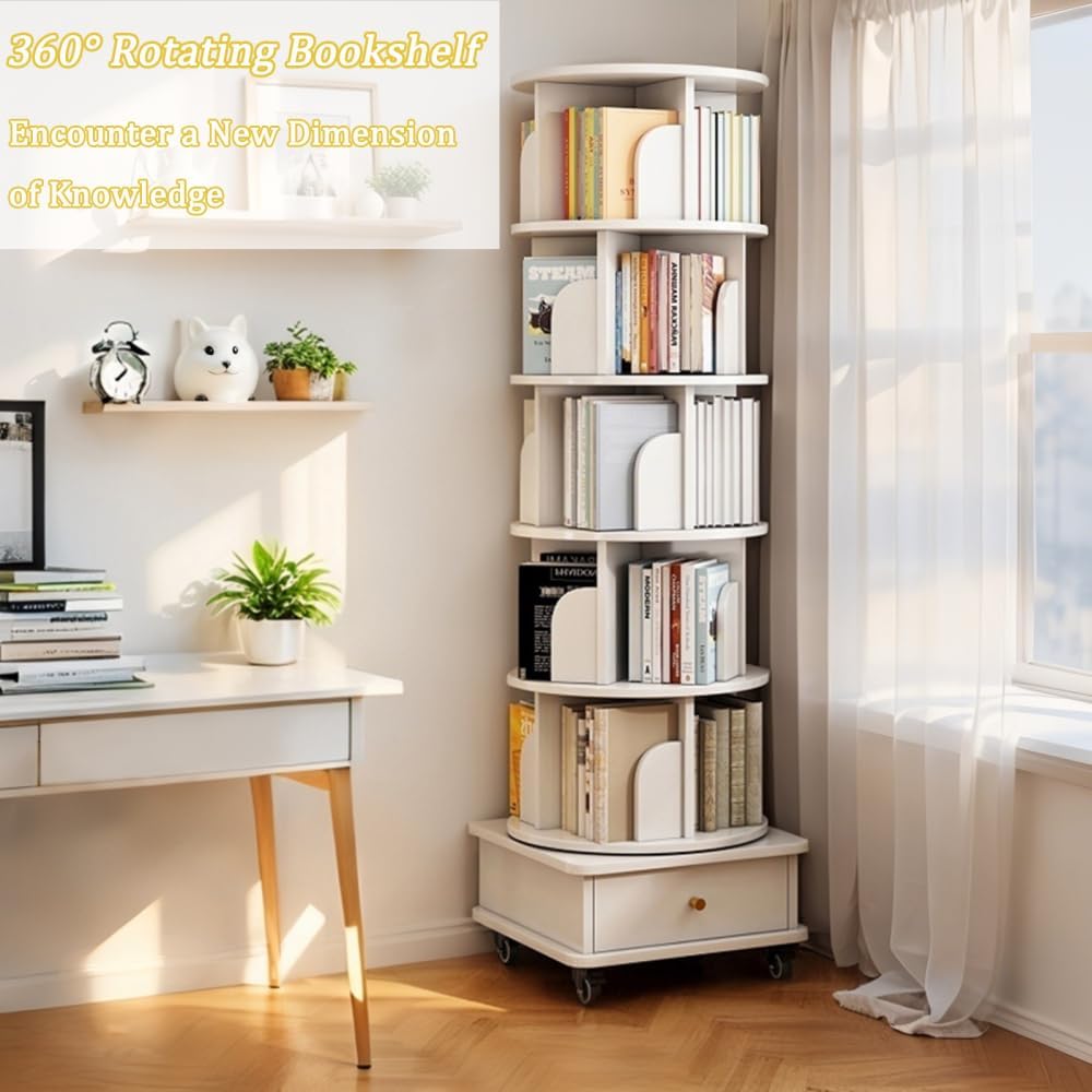 360° Rotating 6-Tier Bookshelf with Drawer & Wheels - Space-Saving Tall Bookcase for Bedroom, Living Room & Office - Stylish White Wood Corner Shelf