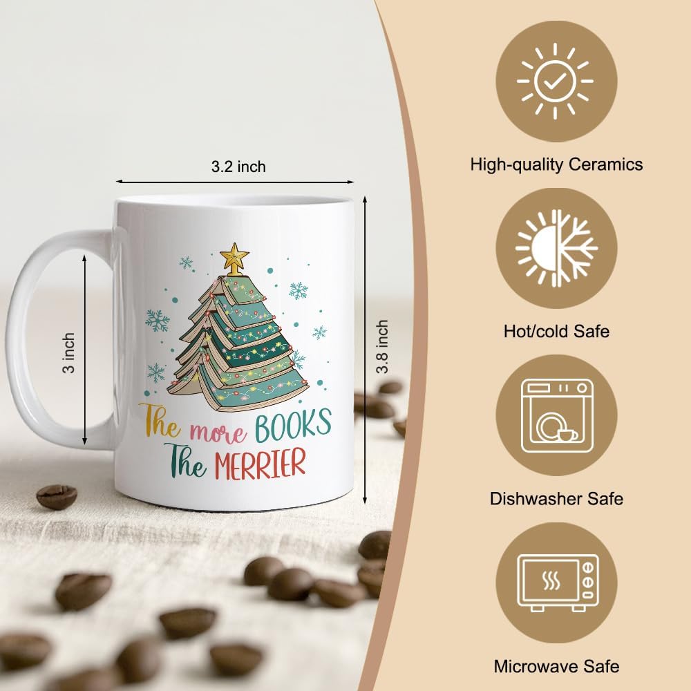 The More Books The Merrier Funny 11oz Double-Sided Ceramic Mug, Christmas Tree Coffee Mug For Coworker Book Lover, Xmas Reading Cup, Christmas Bookish Gifts for Bookworm Friend Family BBF