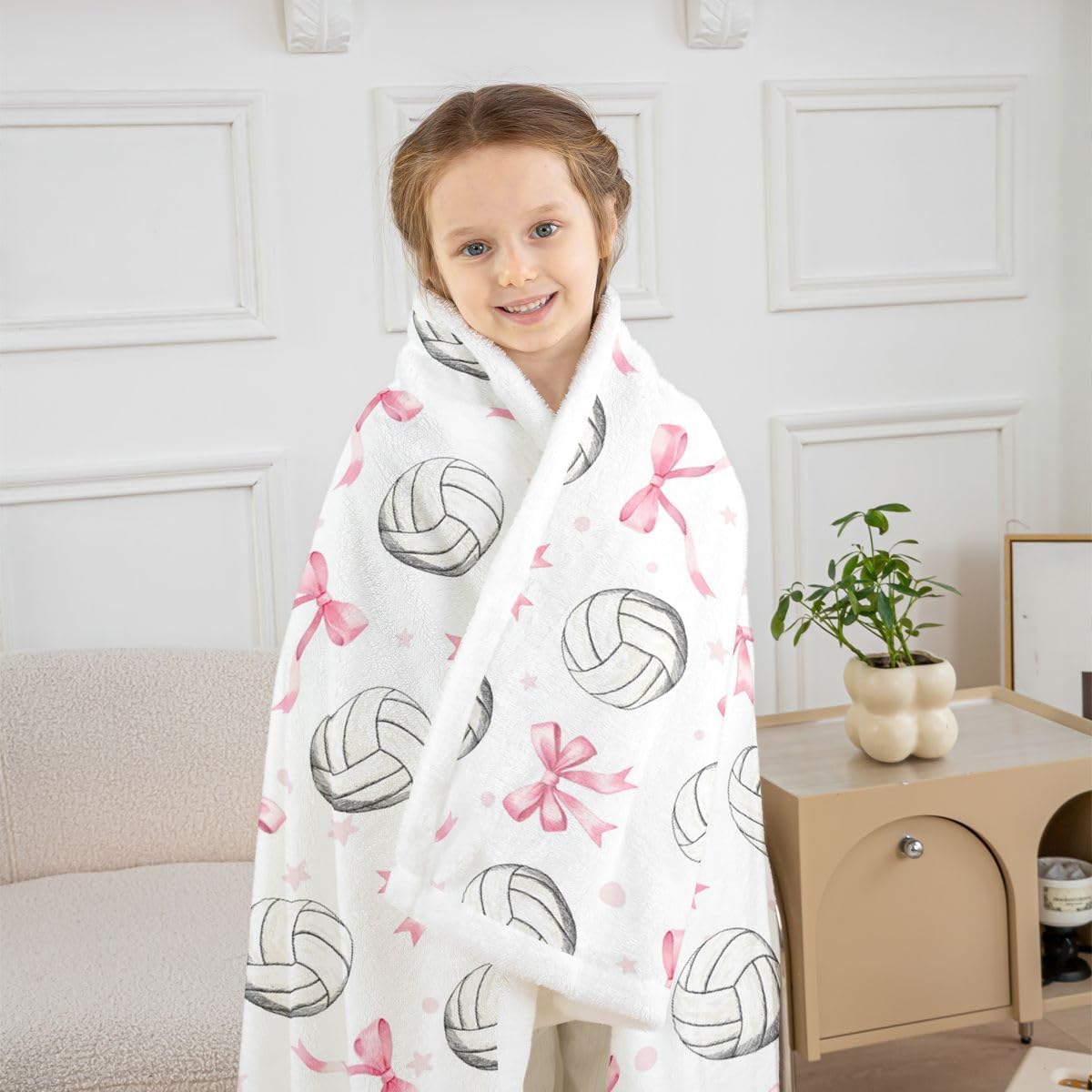 Feelyou Pink Bow Volleyball Sherpa Throw Blanket for Couch Pink Bow Super Soft Cozy Fleece Cute Bowknot Blanket for Winter, Plush Throw Sports Game Baby 30"x40" All Season