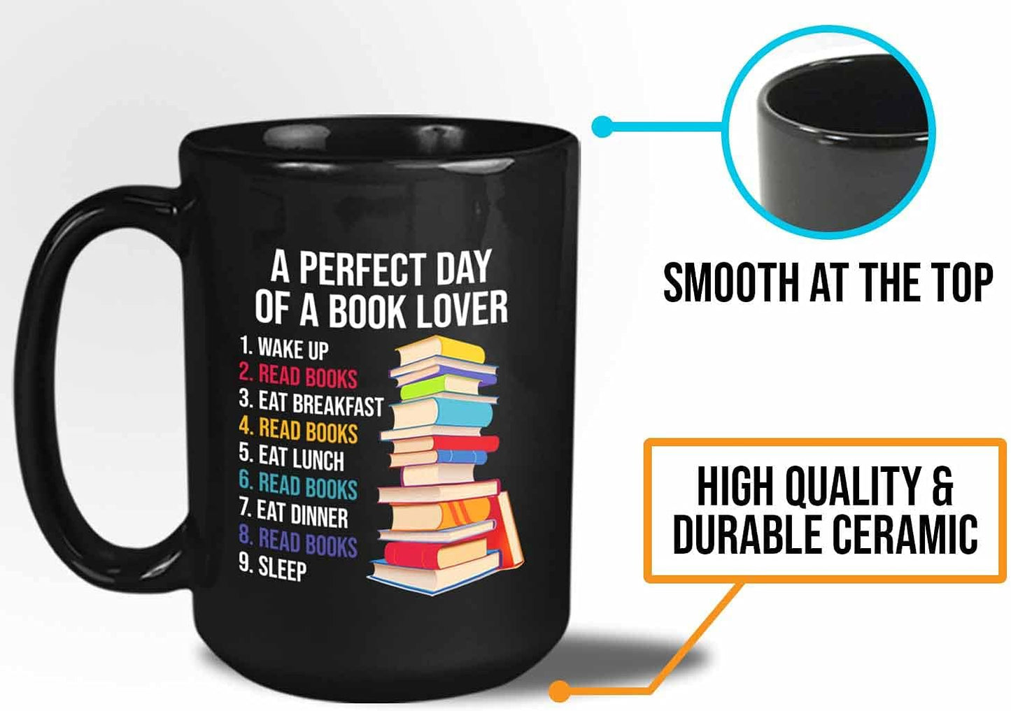 Bubble Hugs Reader Coffee Mug 15oz Black - A Perfect Day of A Book Lover - Funny Sarcasm Reading Novel Literary Literature Bookish Author Writer