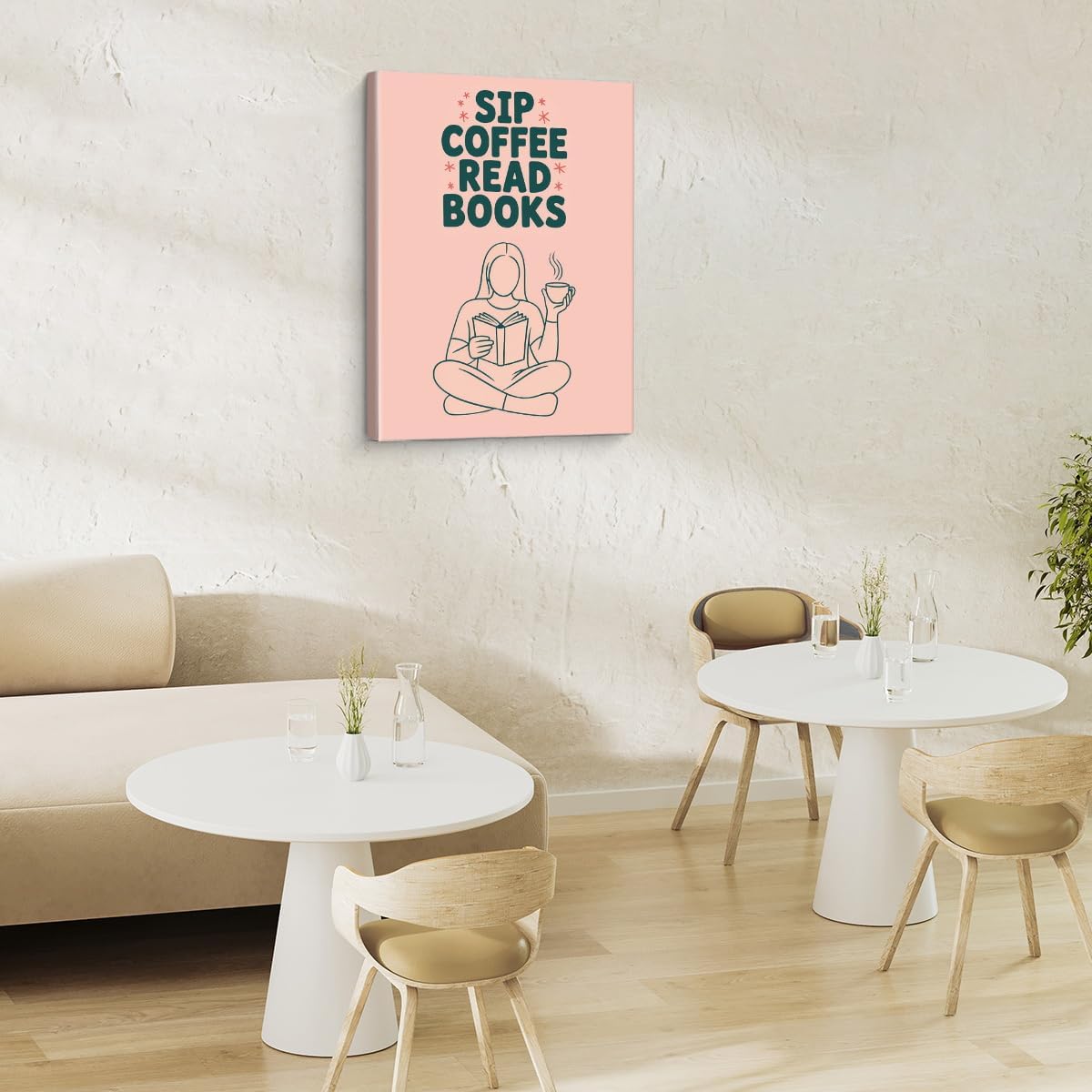 Coffee Book Lover Wall Art Print - Minimalist Coffee Reading Poster Artwork - Aesthetic Wall Decor for Study Room Reading Corner Library Cafe 8x10 Canvas Framed