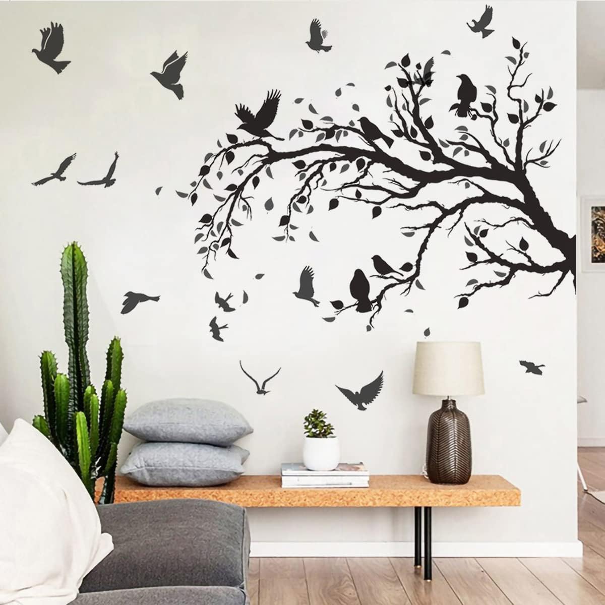 Black Tree Branch Flying Birds Wall Decal 50" × 30" DIY Birds Leaves Wall Stickers Peel & Stick Removable Vinyl Art Decals for Living Room Bedroom TV Background Wall Decor