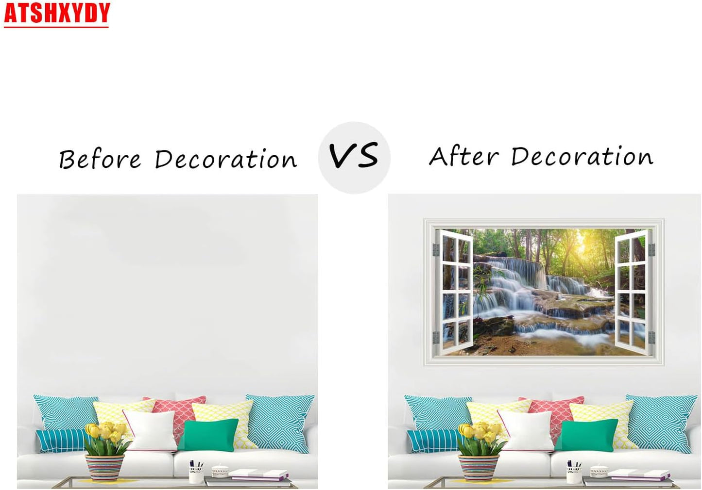 Fake Window Wall Mural Sticker Forest Tree Jungle Waterfall Faux Window Poster Decal Picture Open Wall Art Decor, Stick and Peel Landscape Natural Scenery Scene（48"x32",Set of 2 Sheets）