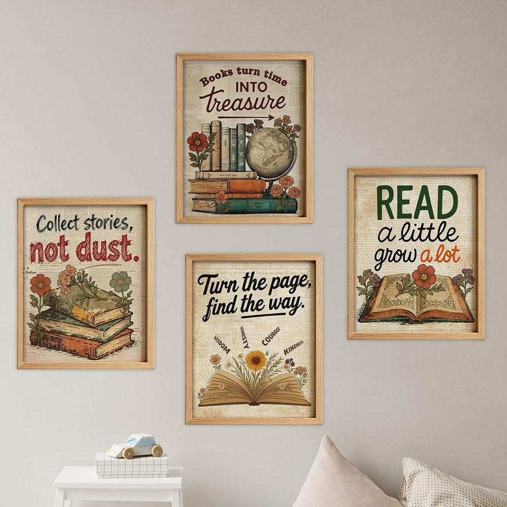 GOMAKERER 6 Pcs Vintage Book Wall Art Prints, Book Club Aesthetic Posters Reading Corner Decor for Bedroom Office Home Decorations, 8 x 10 Inch Unframed
