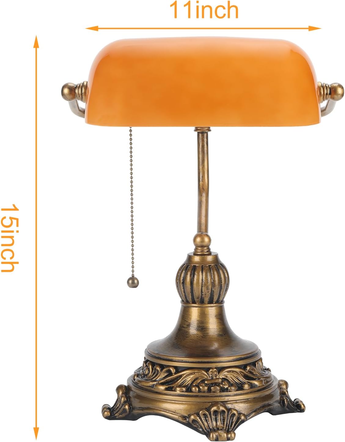 NISSAFORS Bankers Lamp with Pull Switch, Amber Glass Desk Lamp with Retro Black/Gold Finish, Vintage Table Lamps for Living Room, Library, Piano(Amber)