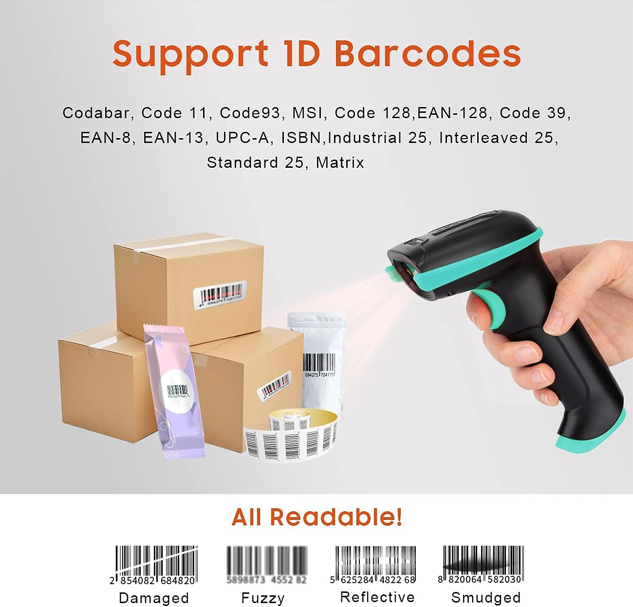 Tera Barcode Scanner Wireless Versatile 2-in-1 (2.4Ghz Wireless+USB 2.0 Wired) with Battery Level Indicator 328 Feet Transmission Distance Rechargeable 1D Laser Bar Code Reader USB Handheld (Blue)
