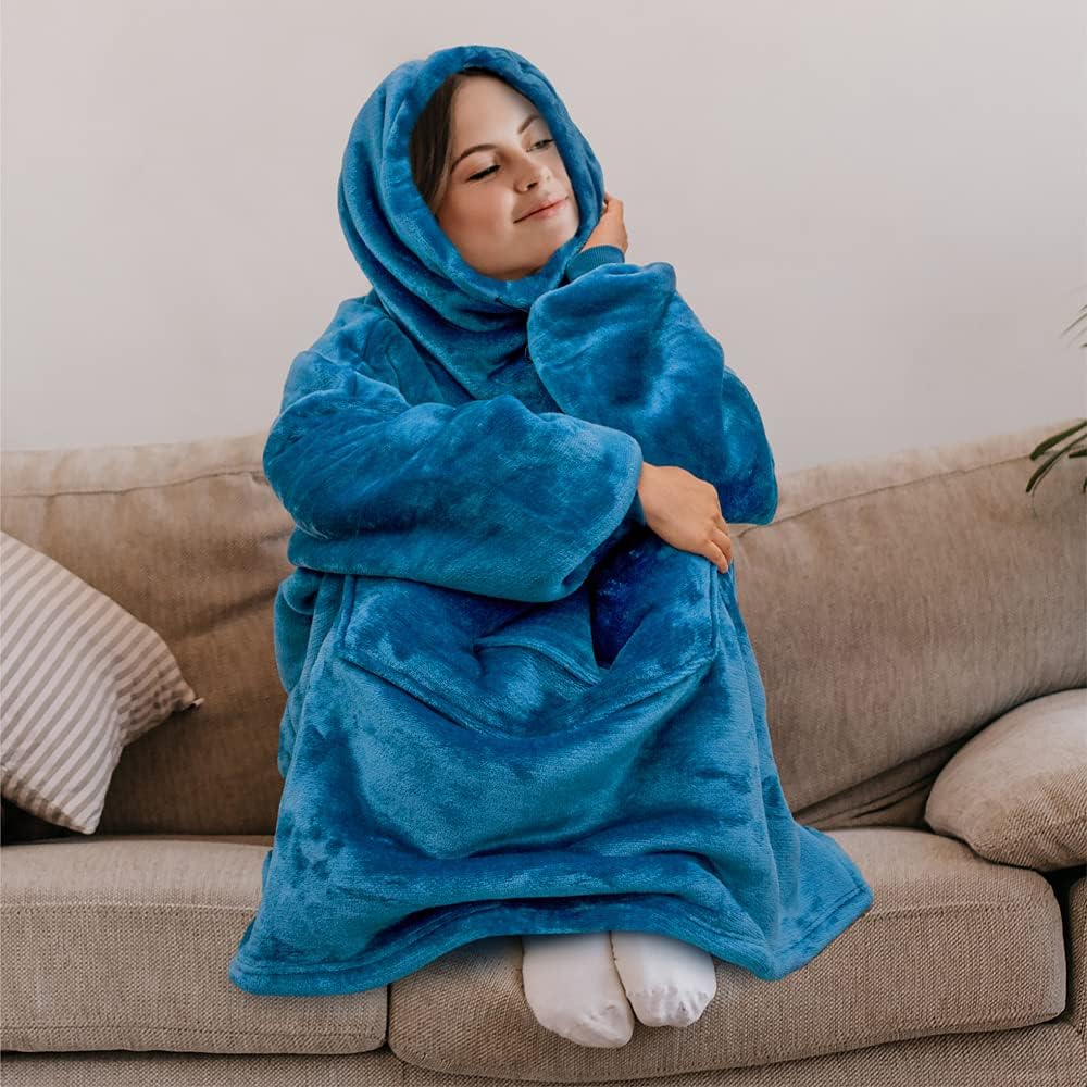 PAVILIA Wearable Blanket Hoodie for Women Men, Oversized Hoodie Sweatshirt Blanket, Hooded Sweater Blanket Neck Warmer, Fleece Soft Hug Sleep Pod Adult, Cozy Warm Plush Gift Ideas Mom Wife, Teal Blue