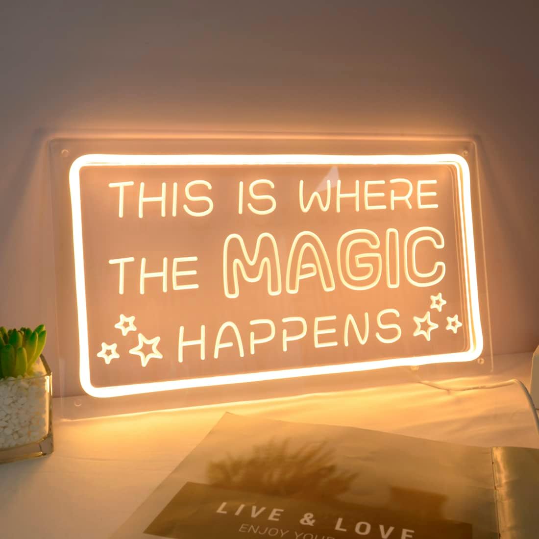 Britrio This Is Where The Magic Happens Neon Sign Light Bedroom Dorm Office Wall Decor Light Up Word Neon Sign Home Bar Club Cafe Shop Salon Man Cave Window Wedding Birthday Party Gift 5V USB Warm White