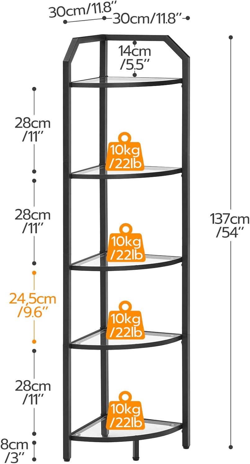 HOOBRO 5-Tier Corner Shelf Stand, Black Corner Bookshelf, Tempered Glass Shelves, Bathroom Organizer, Corner Plant Stand, for Living Room, Study, Balcony, Home Office, Modern Style, Black BK15CJ01