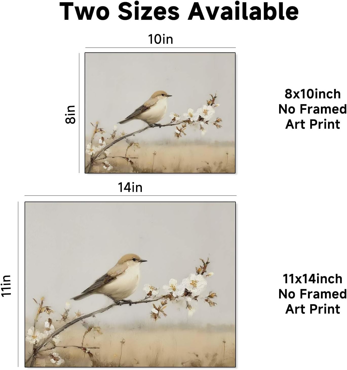 jeecalart Bird Wall Art Print, Neutral Nature Artwork, Oil Painting Style Bird on Branch, Minimalist Farmhouse Wall Decor, Unframed, 11x14 Inch