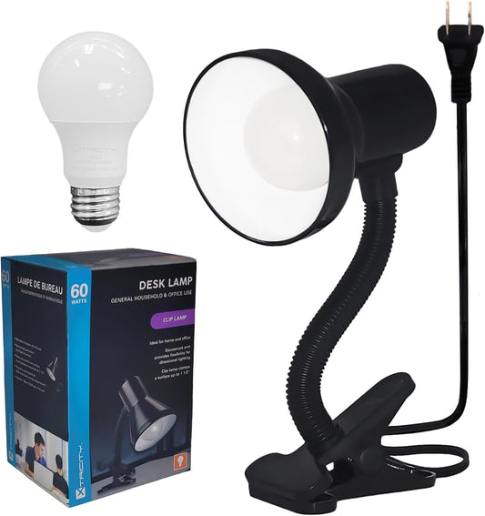 Xtricity LED Clip on Desk Lamp with 360° Flexible Gooseneck, Reading Light for Bed Headboard– A19 Bulb Included, 120V, On/Off Switch, 10.25” Height Table Lamp with Black Finish (2 Pack)
