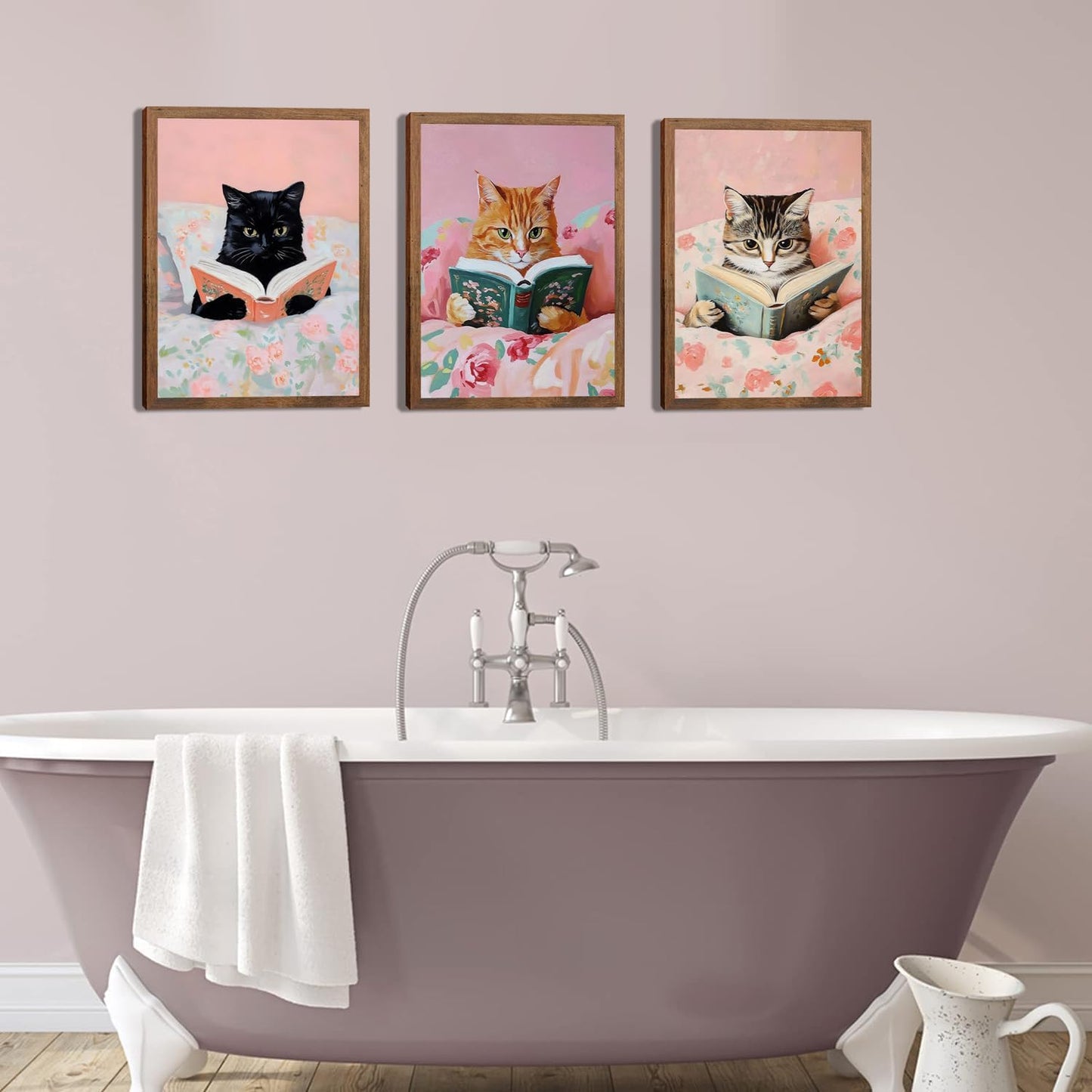 Cute Cat Wall Art Set of 3, Vintage Funny Black Cat Book Canvas Wall Decor, Pink Animal Reading Books Picture Print for Boby Room Bedroom Living Room Home Decor 12x16 Wood Framed