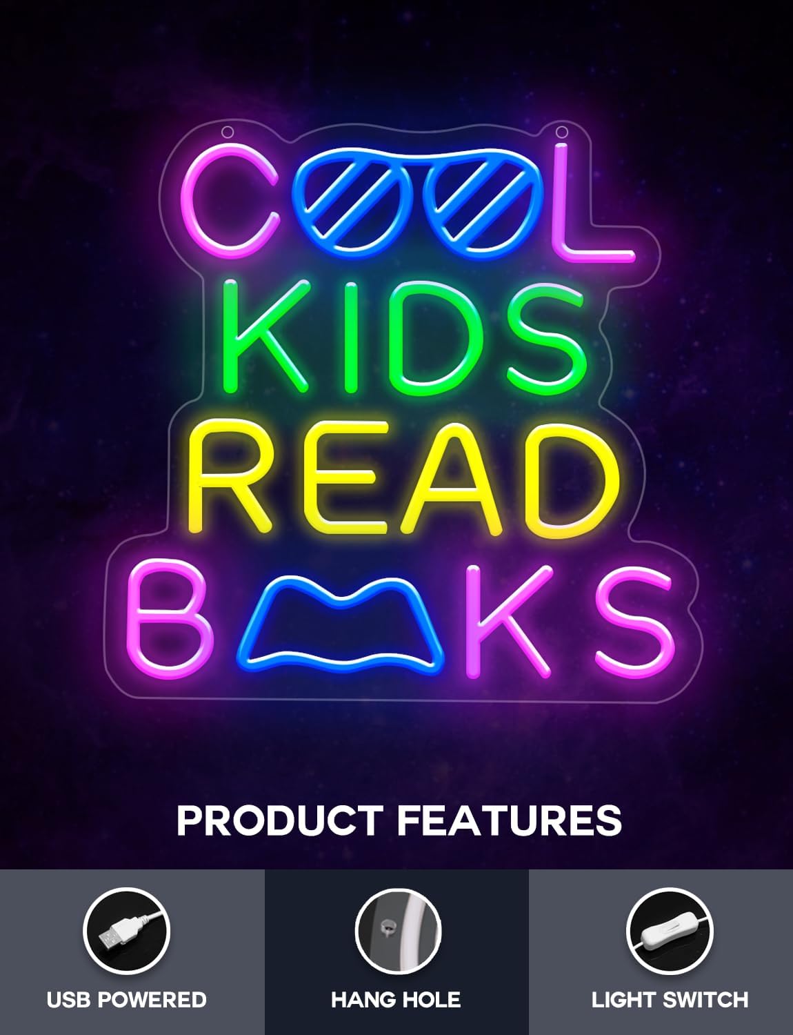Lumoonosity Cool Kids Read Books Neon Sign - Back to School Neon Light Sign for Classroom, Study Room, Library - Classroom Lights for Teachers, Students, Book Lovers - USB Powered with ON/OFF Switch