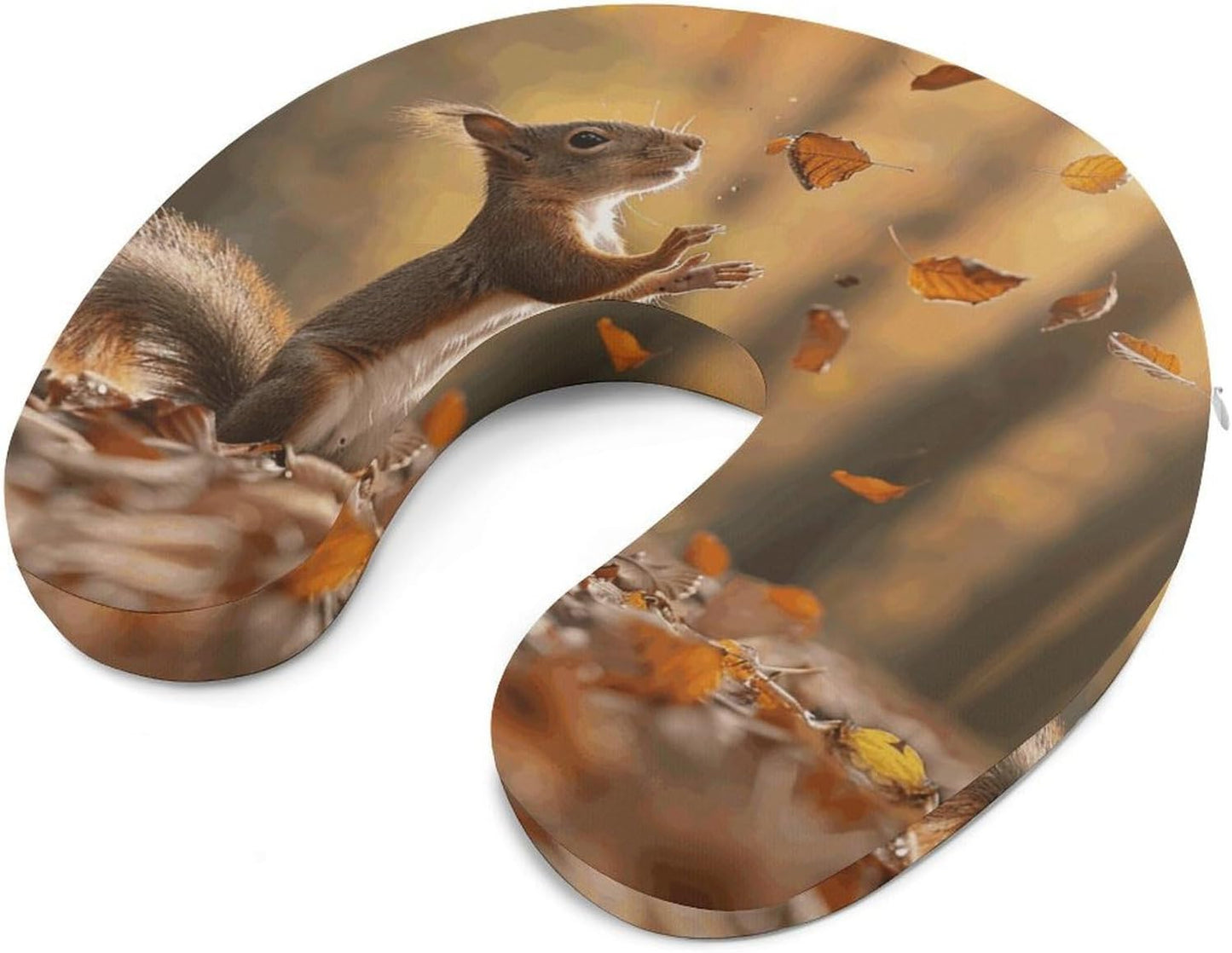 Squirrel and Leaves Neck Pillow Memory Foam U Shaped Pillows Portable Pillows for Shoulder Travel Head Support Pillow with Concealed Zipper for Airplane Car Home Office