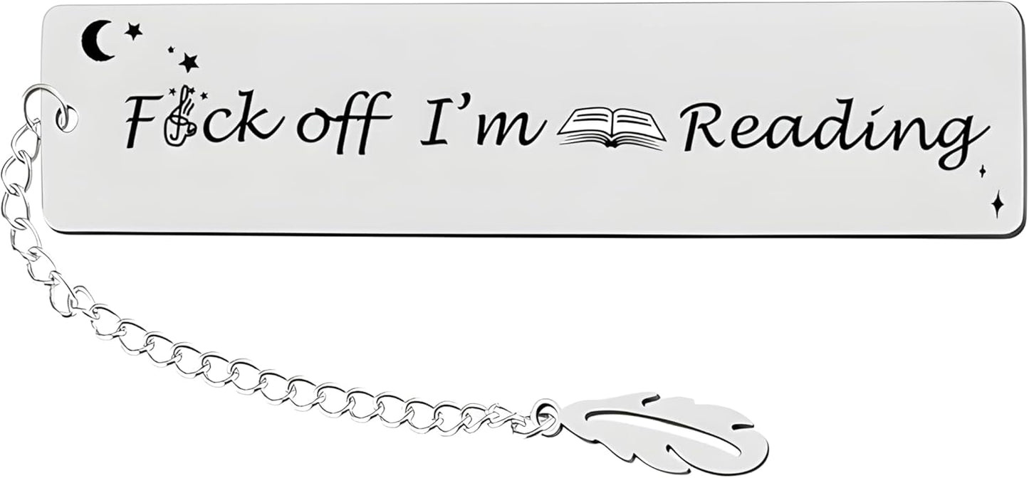Metal Bookmark Gift, Engraved 'Fuck Off I'm Reading' Stainless Steel Leaf Pendant Book Mark, 1 Count, Silver